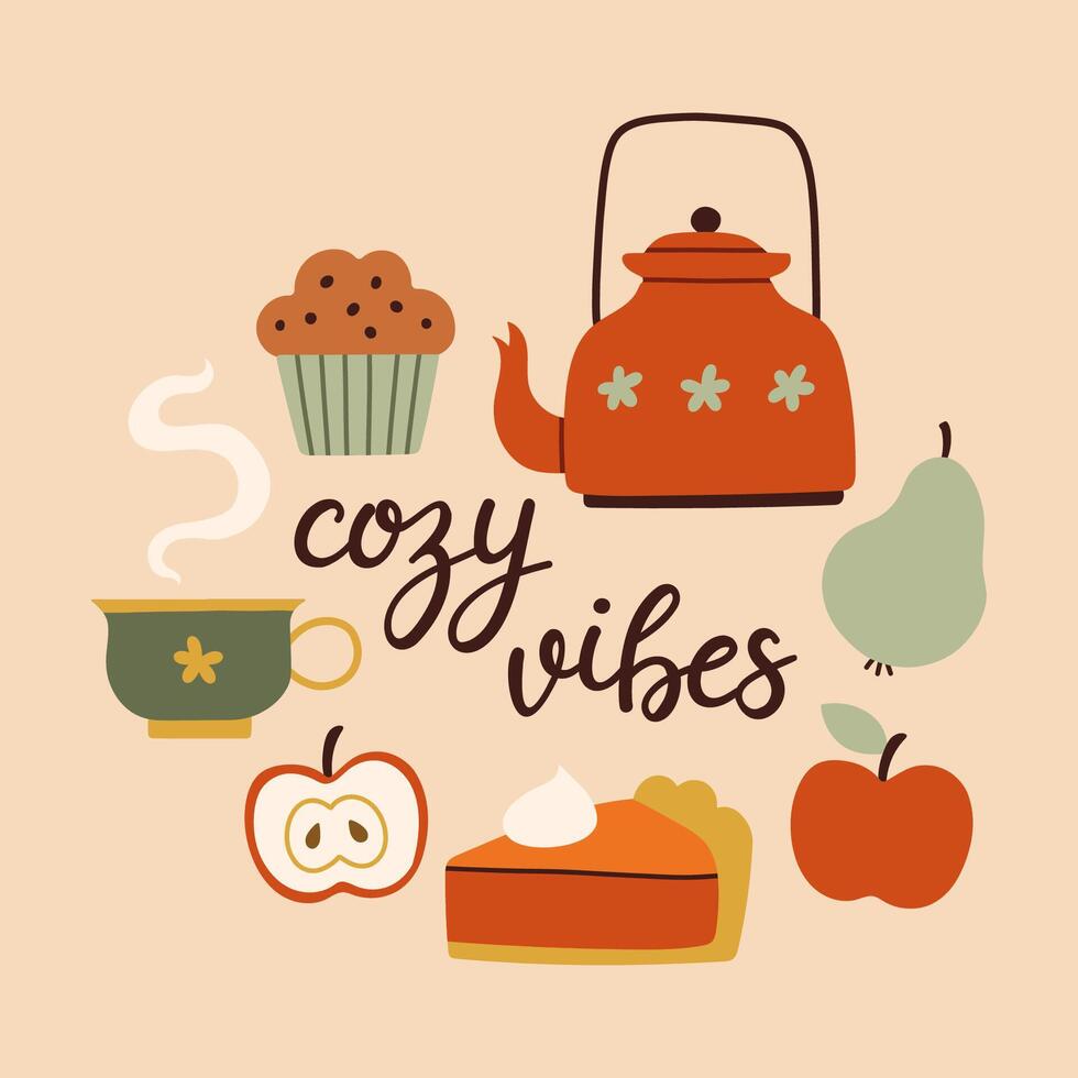 Autumn hand drawn lettering cozy vibes. Fall season handwritten slogan. Autumn phrase with cute cozy design elements vector