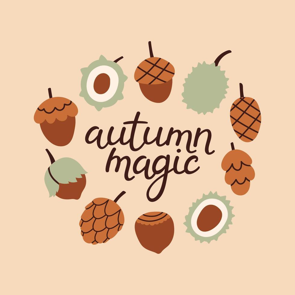Autumn hand drawn lettering autumn magic. Fall season handwritten slogan. Autumn phrase with cute cozy design elements vector
