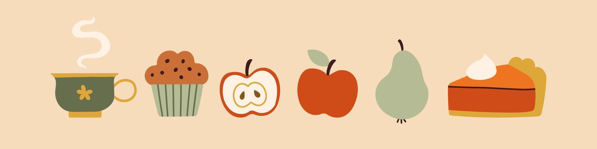 Simple autumn food set. Autumn set of hand drawn cute and cozy design elements. Fall, Thanksgiving Day, Autumn season. vector