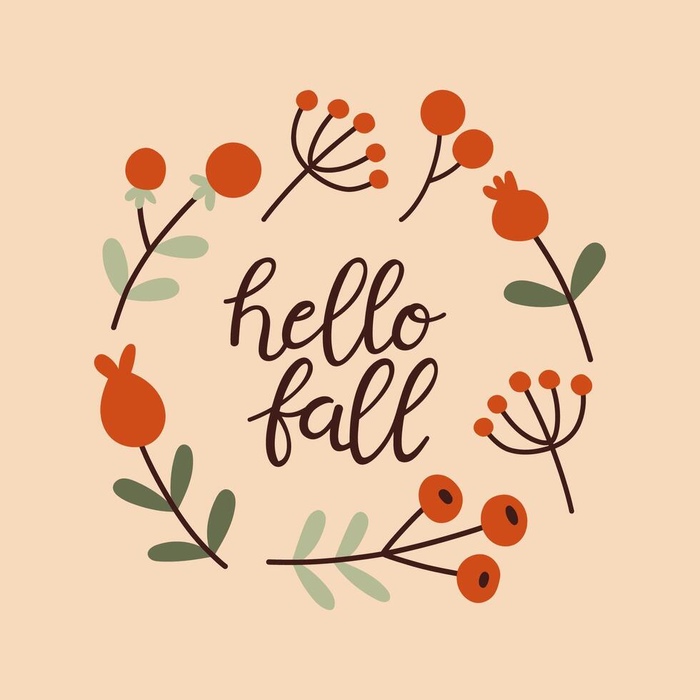 Autumn hand drawn lettering hello fall. Fall season handwritten slogan. Autumn phrase with cute cozy design elements vector