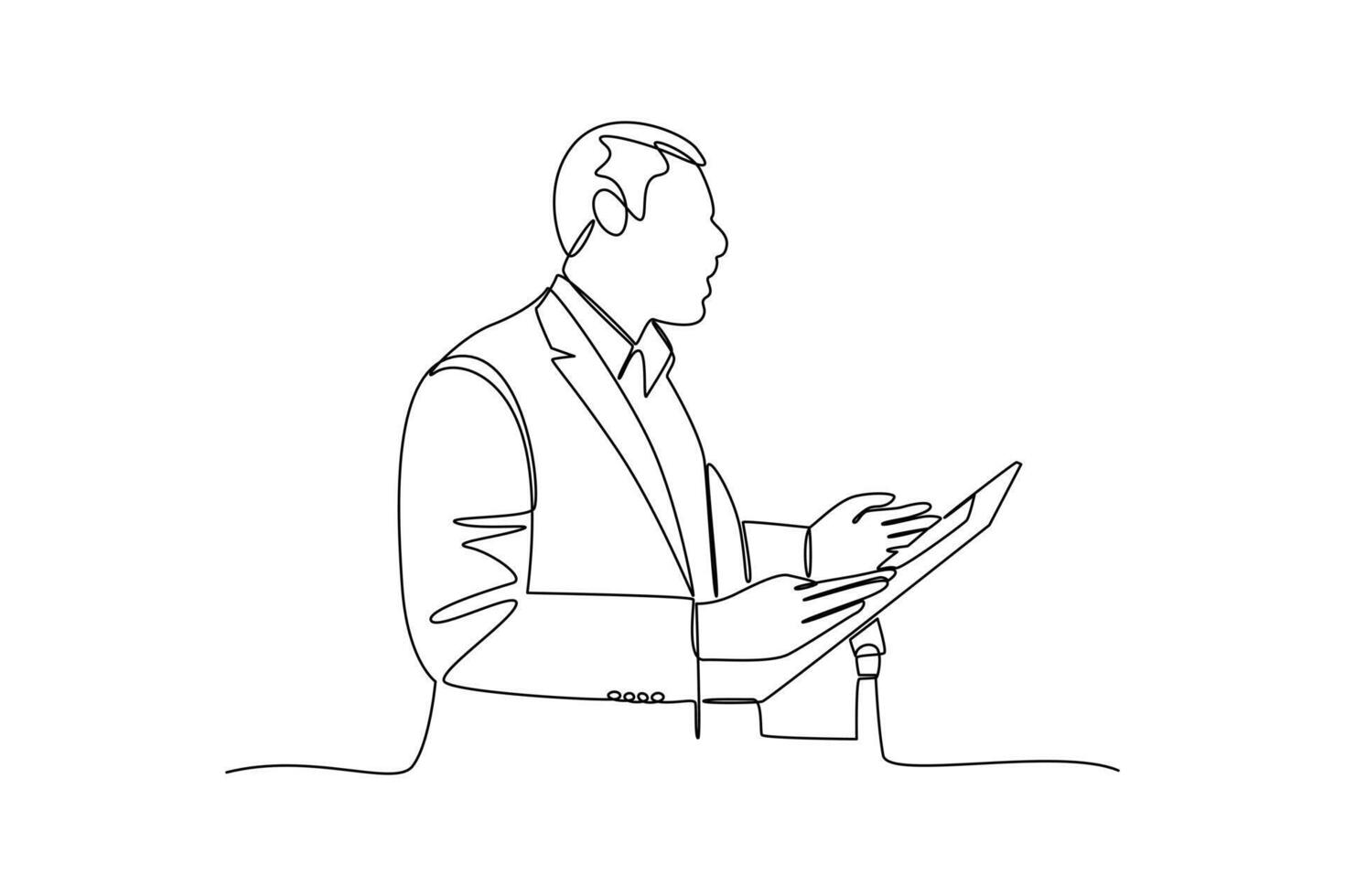 continuous line of business people in front of the pulpit speaking a presentation speech. one line art illustration vector