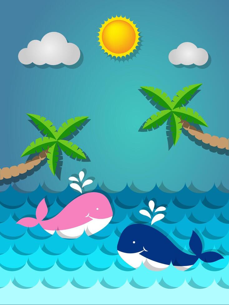 Whale swimming in the sea and coconut tree on the beach with the sun for summer concept vector