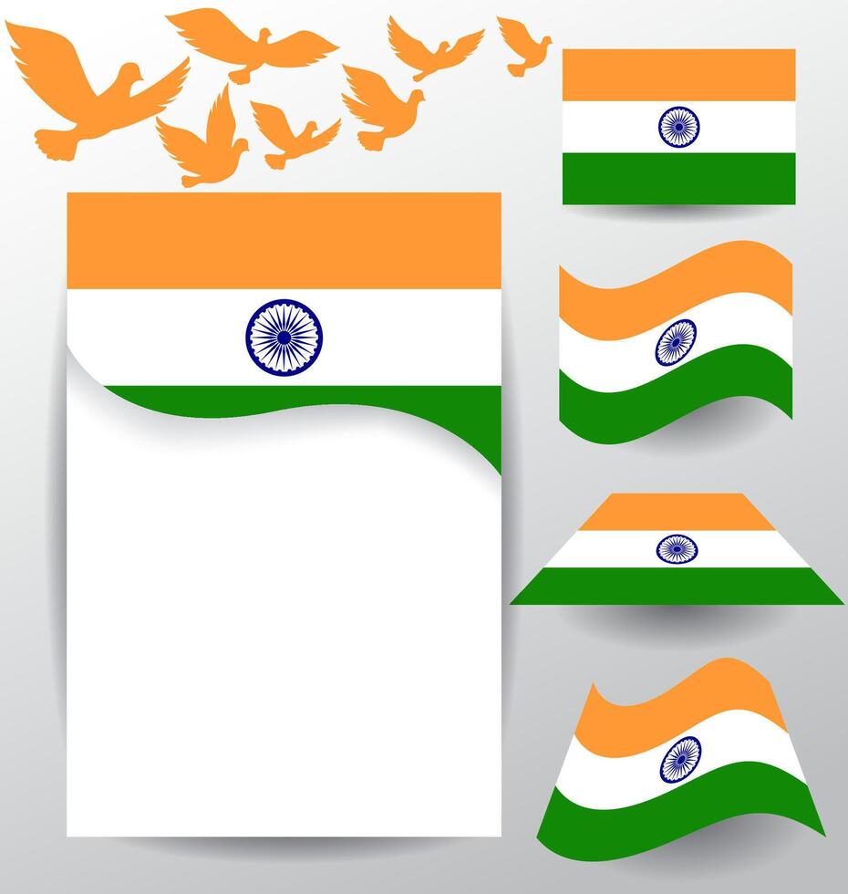Set of India flag with flying pigeon vector