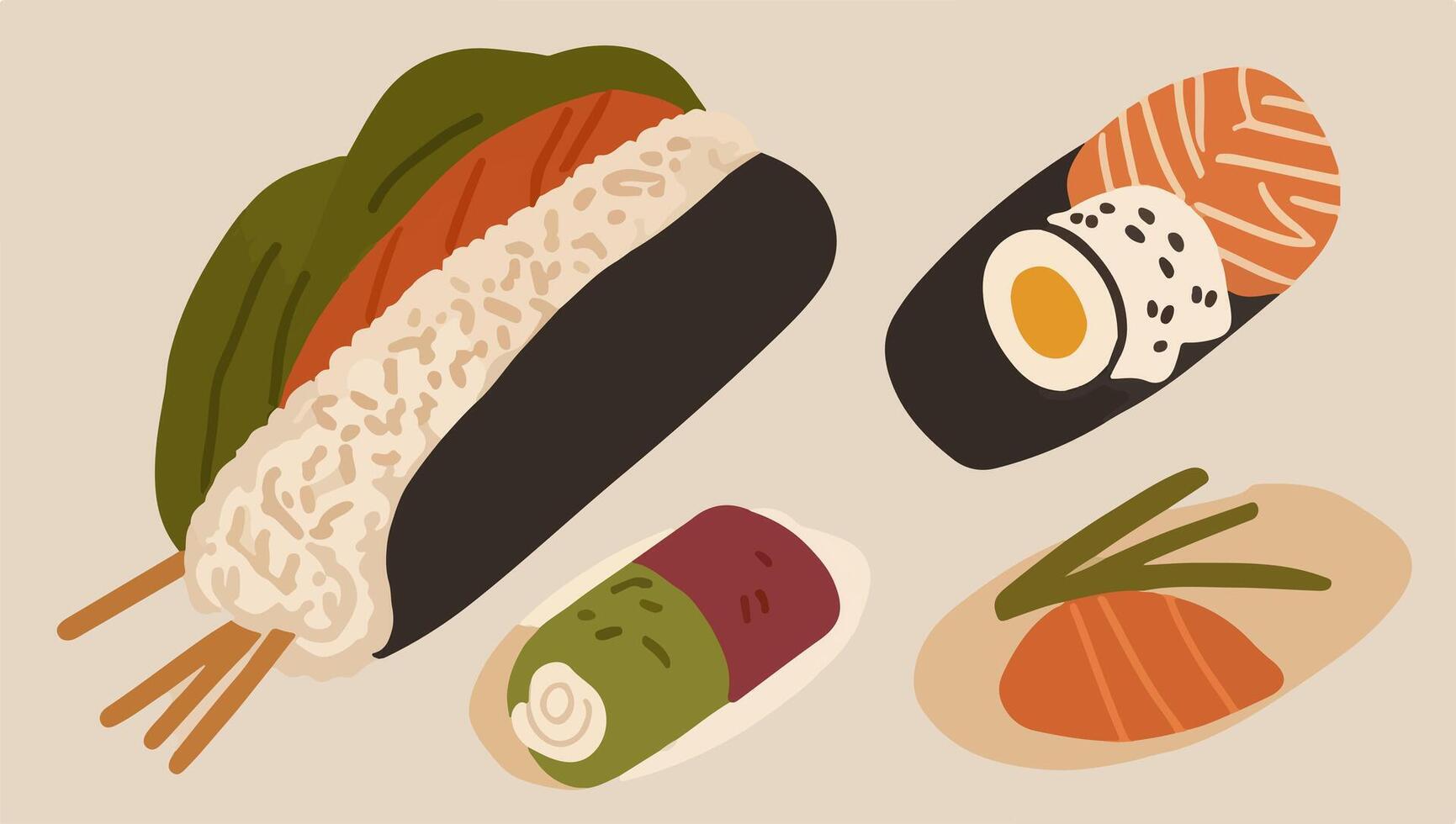 Handheld Sushi Burritos with Fresh Fish, Vegetables, and Rice Fillings vector