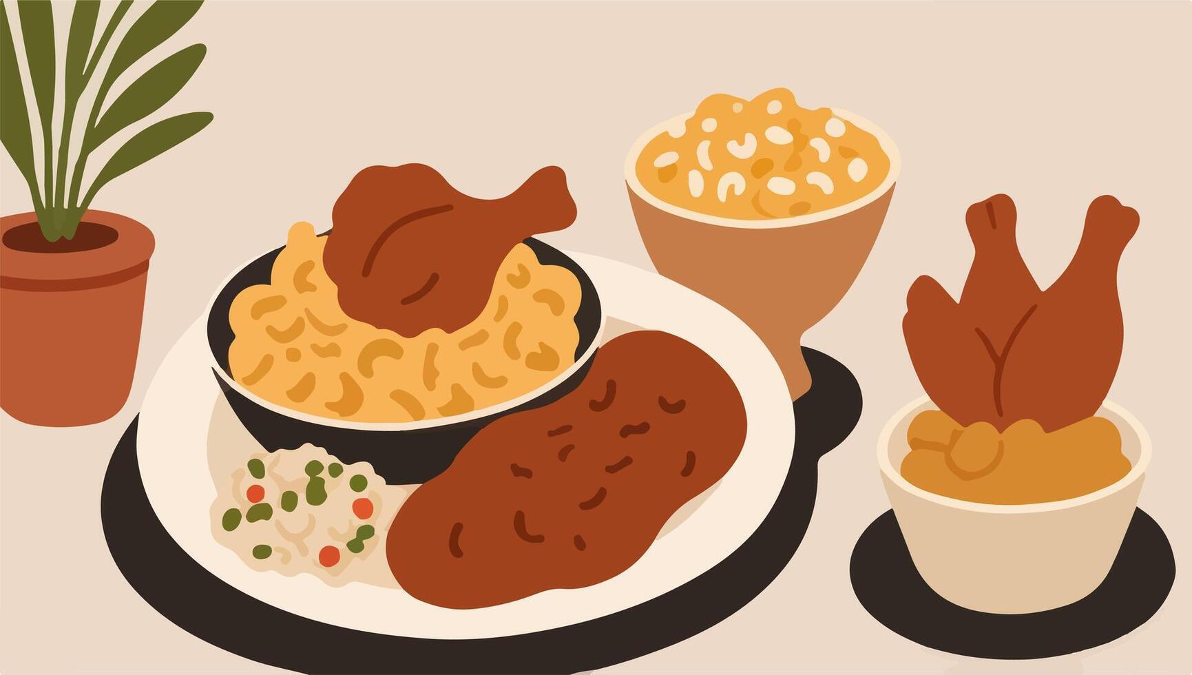 Comfort Food Classics - Mac and Cheese, Fried Chicken, and Potato Salad vector