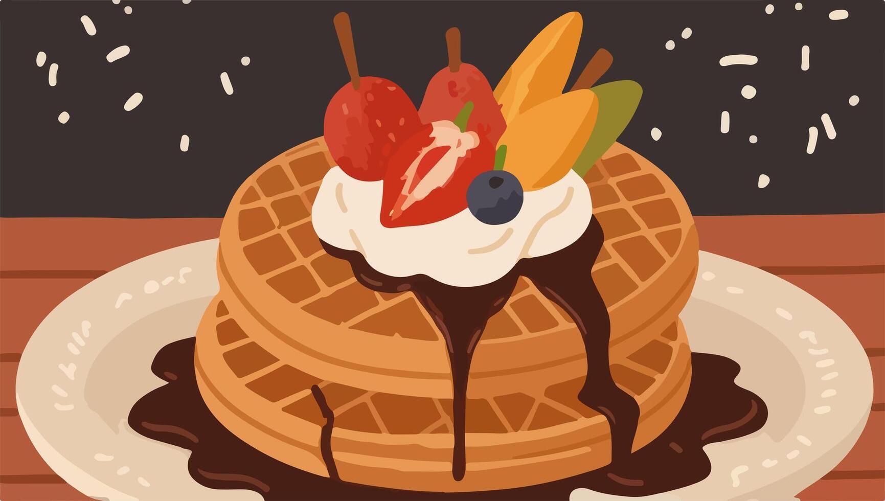 Waffles with Fresh Fruits, Chocolate Sauce, Whipped Cream, and Syrups vector