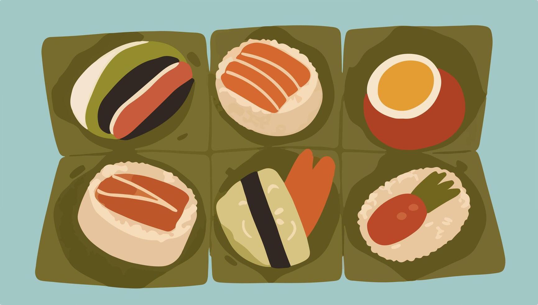 Handheld Sushi Burritos with Fresh Fish, Vegetables, and Rice Fillings vector