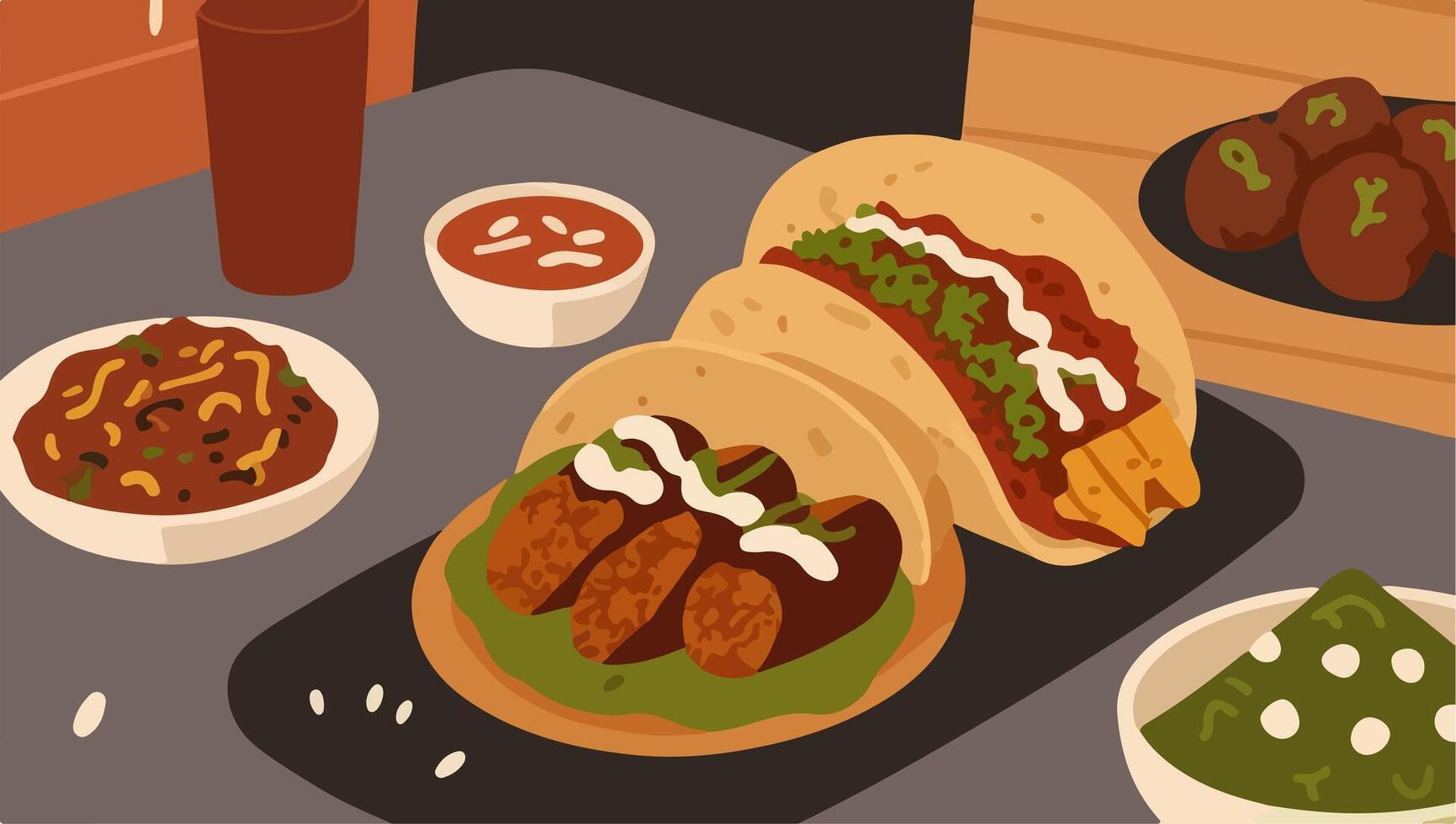 Fusion Tacos with Barbacoa, Curried Chicken, and Vegan Falafel Fillings vector