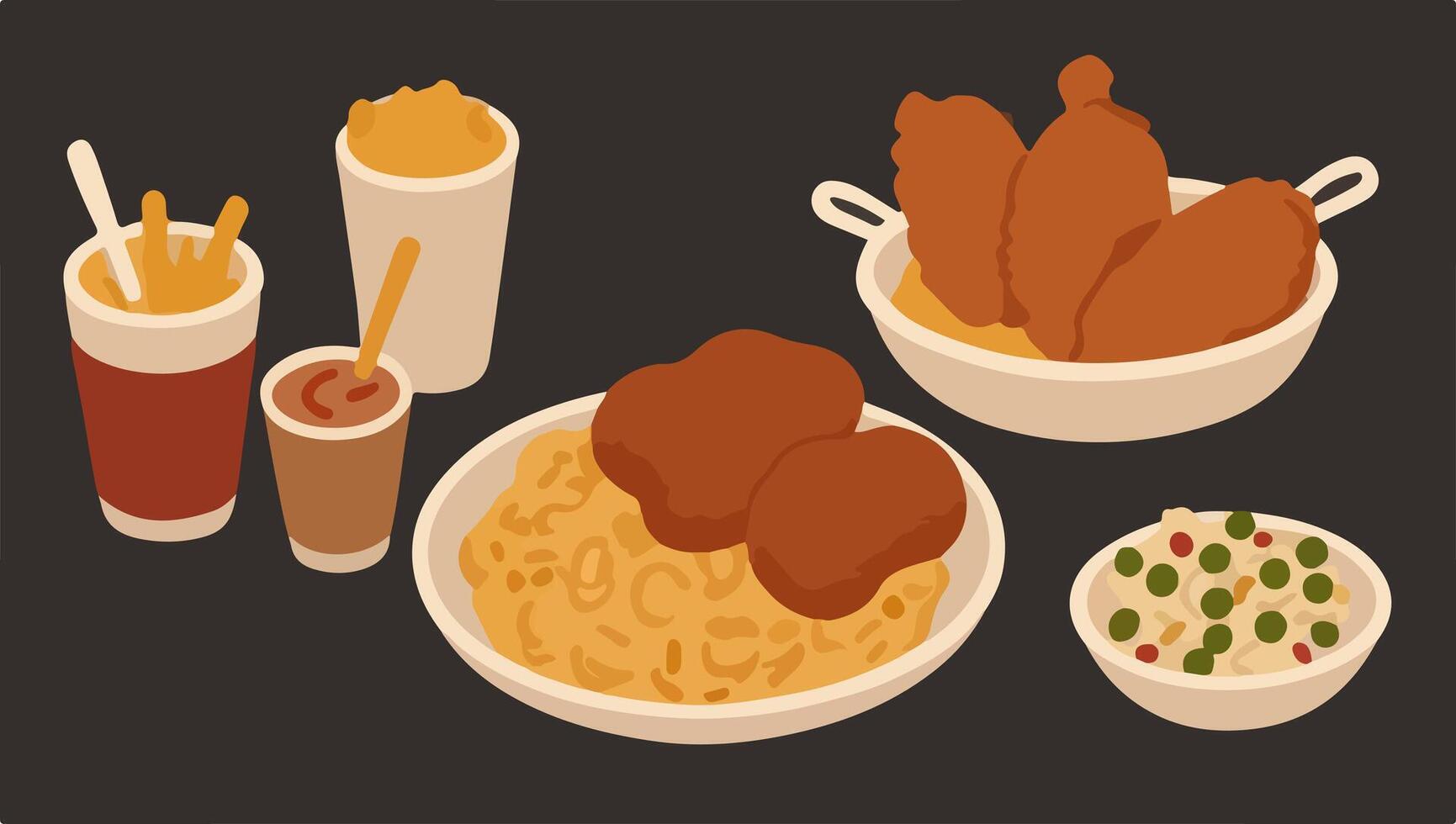 Comfort Food Classics - Mac and Cheese, Fried Chicken, and Potato Salad vector