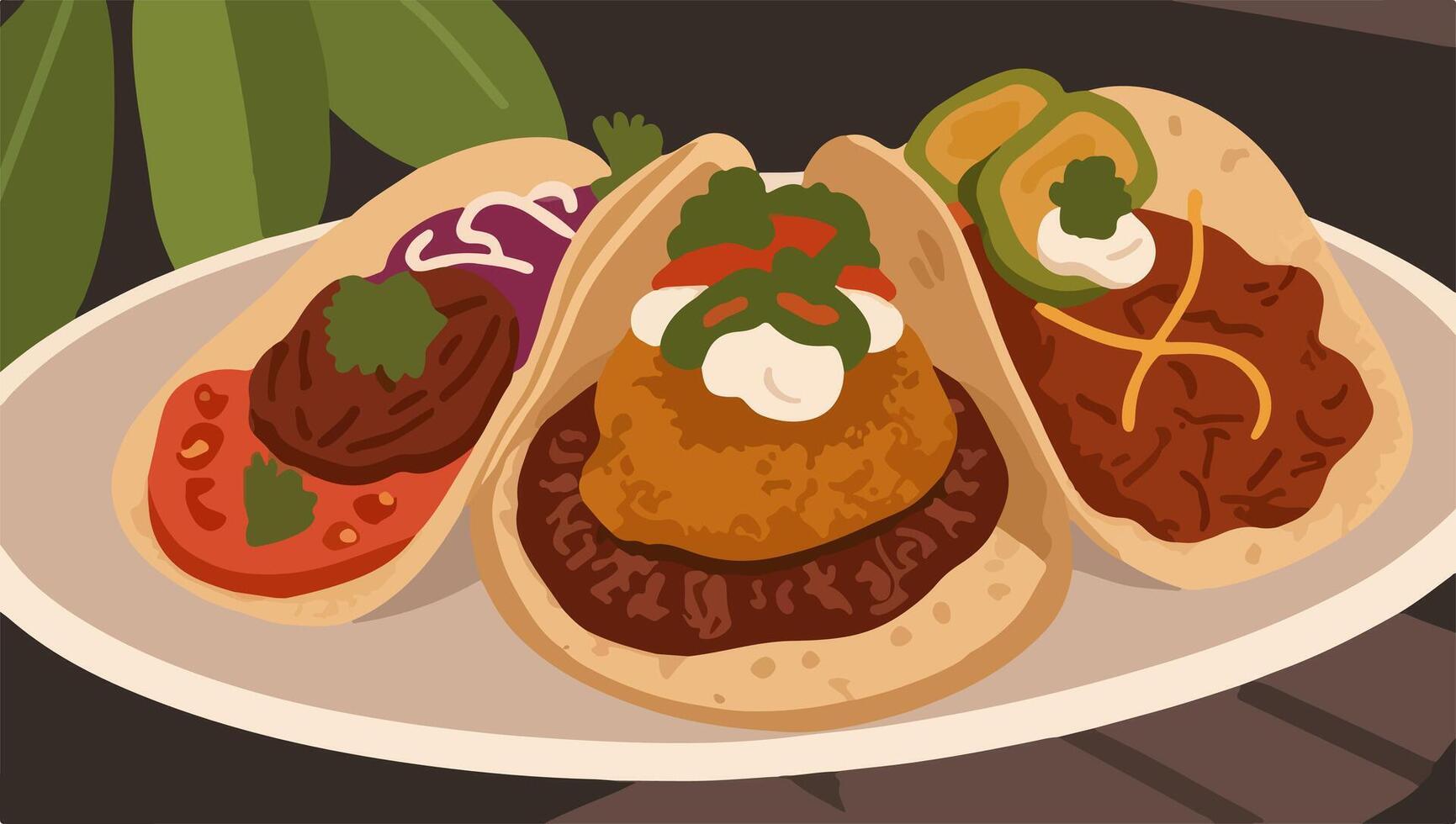 Fusion Tacos with Barbacoa, Curried Chicken, and Vegan Falafel Fillings vector