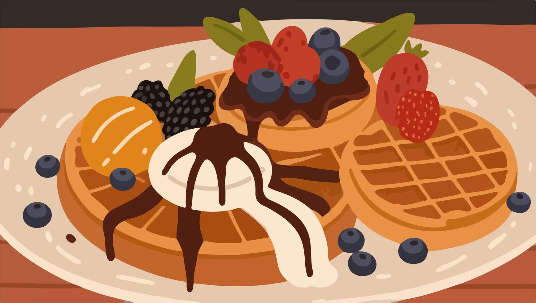 Waffles with Fresh Fruits, Chocolate Sauce, Whipped Cream, and Syrups vector
