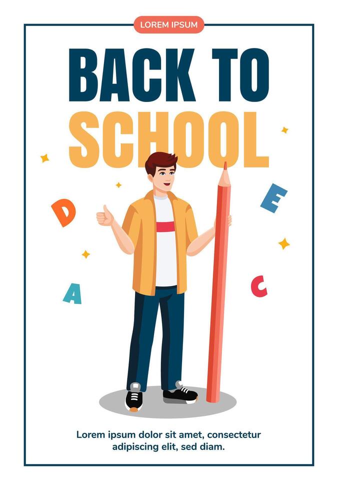 Young man with huge pencil Surrounded with letters Shows thumbs up. Education, knowledge, student concept Flyer design. illustration. Back to school concept banner, promo, advertising, leaflet. vector