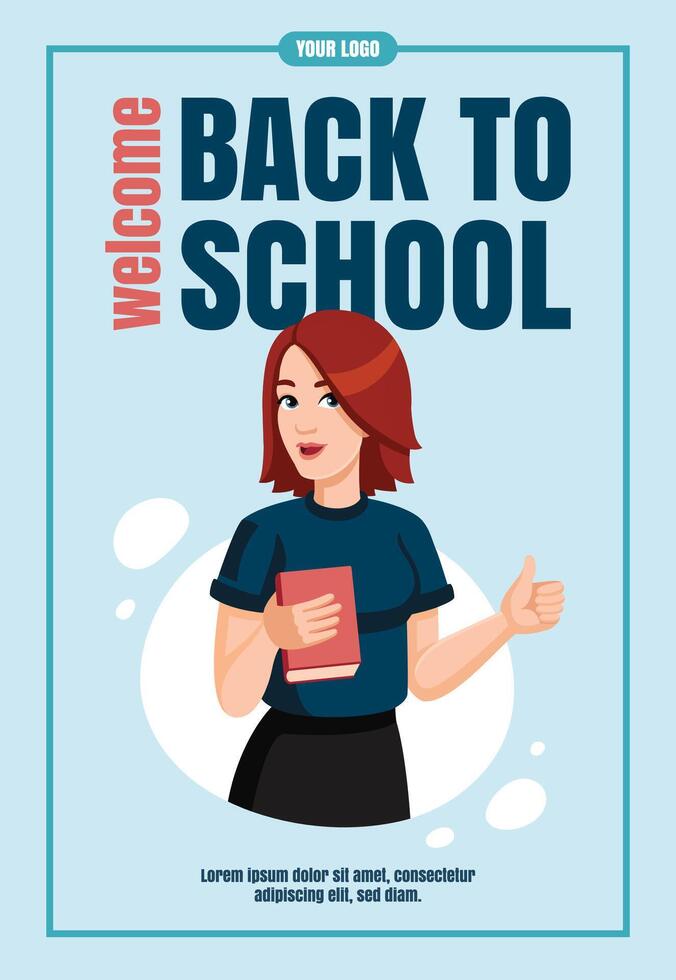 Young woman with book Shows thumbs up. Education, knowledge, student concept Flyer design. Back too school concept banner, promo, advertising, leaflet. vector