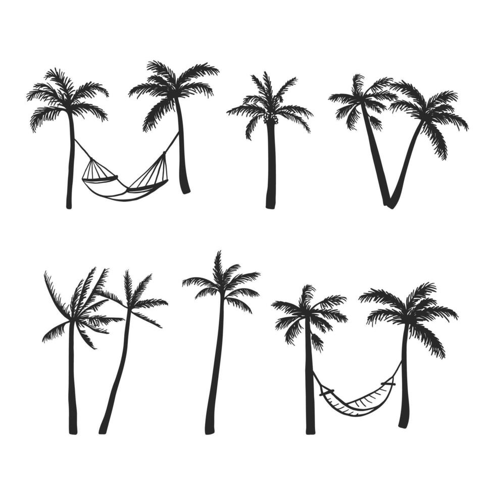 Black palm tree silhouettes set on white background. Monochrome hand drawn palms with hammock vector