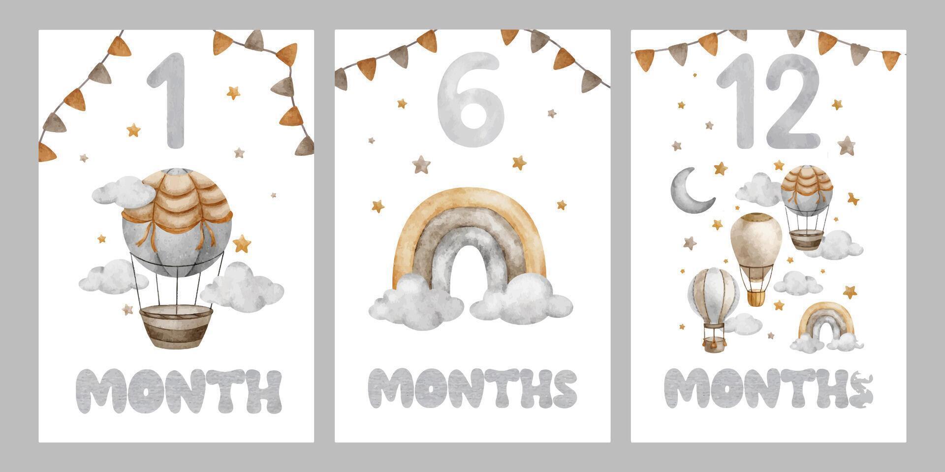 Set of Baby Milestone Cards with Hot Air Balloons, rainbow, clouds, stars. Baby's one month, six and twelve months. Monthly numbers cards for Newborns. Card for kids' photos. vector