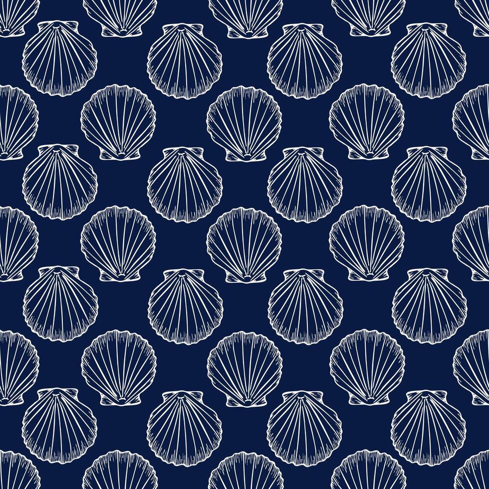 Underwater seamless pattern with seashells line art illustration in white color on dark blue background. Scallop sketch, seashell line drawing. Summer beach ocean print for background, textile, fabric vector