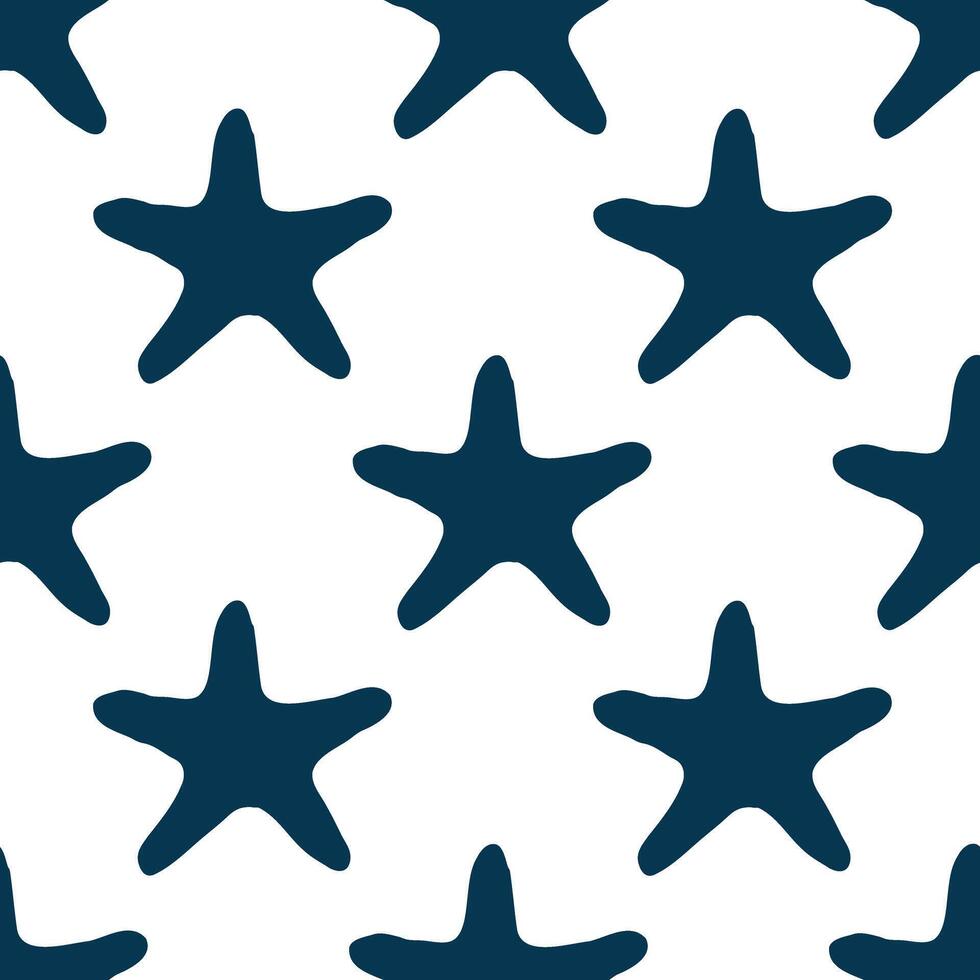 Underwater seamless pattern with starfish silhouette illustration in blue color. Sea star sketch, seashell drawing. Summer beach seaside print for background, textile, fabric, wrapping paper vector