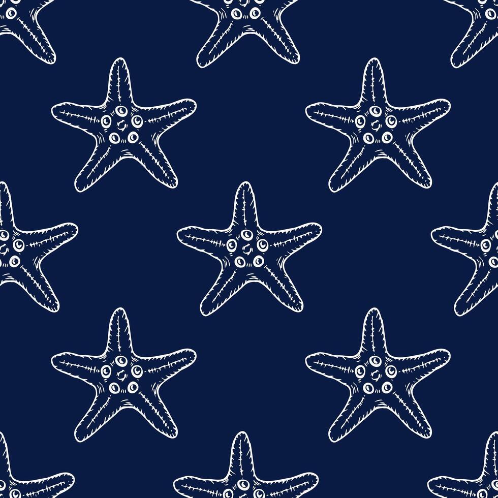 Underwater seamless pattern with starfish line art illustration on dark blue background. Hand drawn sea star sketch, seashell drawing. Summer ocean beach print for background, textile, fabric vector