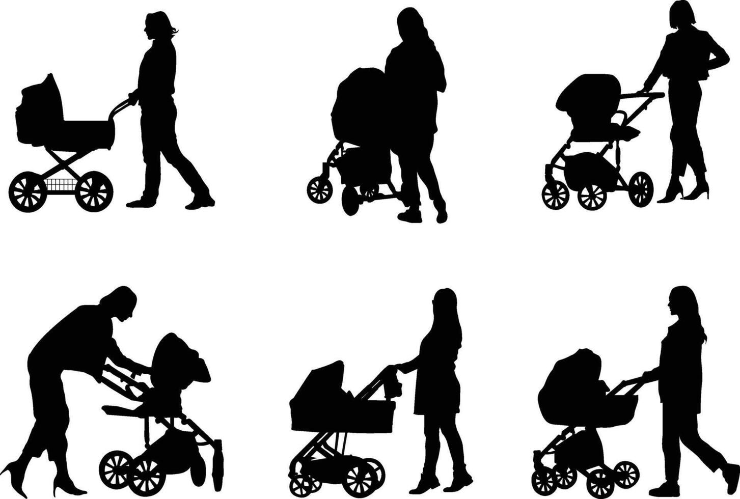 A silhouette collection of mothers pushing strollers vector