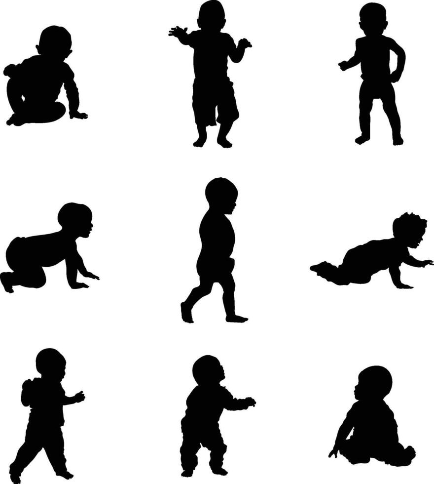 A silhouette collection of toddlers in a variety of positions vector