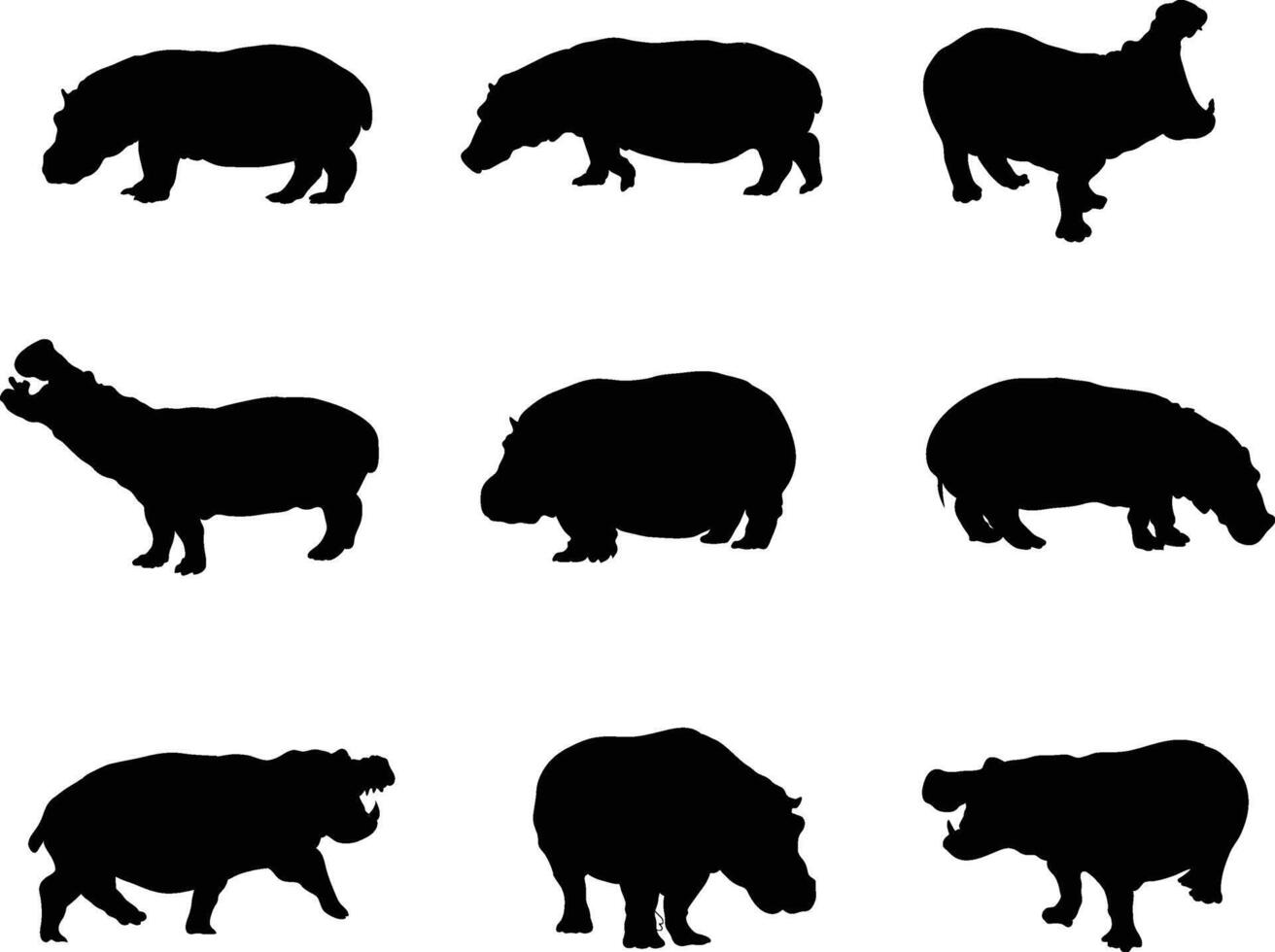 A collection of hippo silhouettes vector