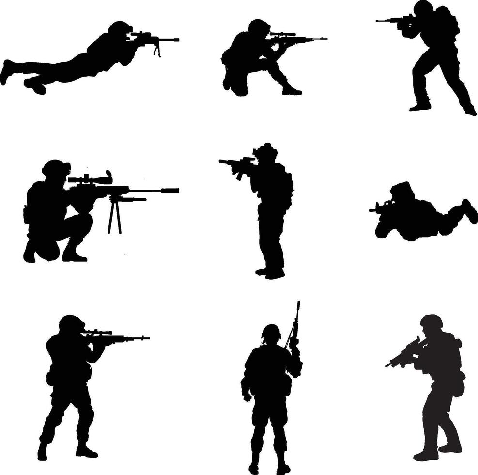 A collection of silhouettes of snipers in a variety of positions vector