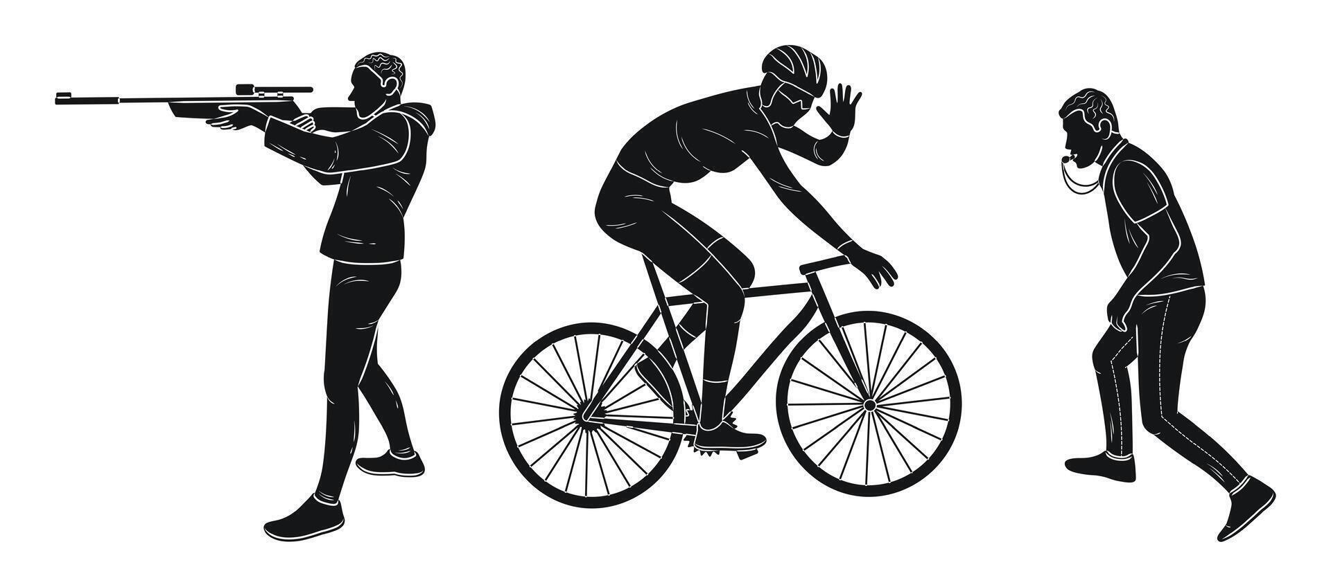 Bicyclist, cyclist, referee, umpire, arbitrator, shooter, hunter, sniper, sketch silhouettes vector