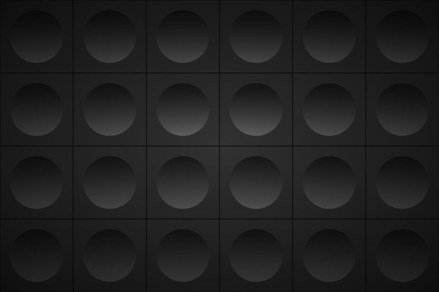 Dark grey abstract background. Dark squares with black circle. Perforated geometric black metallic background. Abstract material wallpaper vector