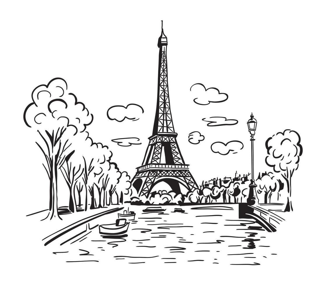 The Eiffel Tower in Paris with the city in the background. Landmark of Paris. Linear illustration. Doodle style vector