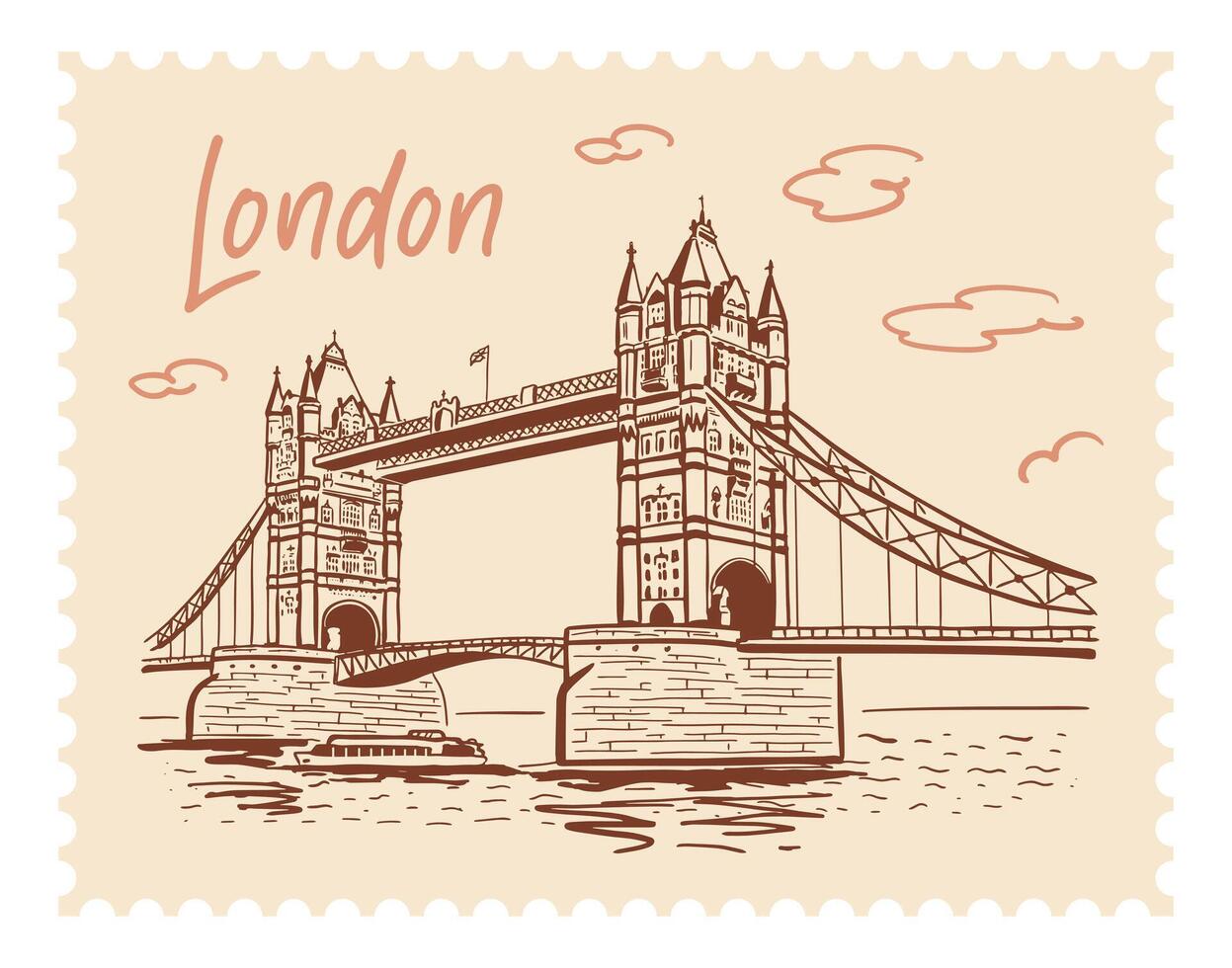 Tower Bridge, illustration, hand sketch style. London landmarks on a postage stamp. vector