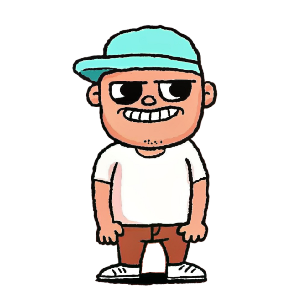 Playful Cartoon Character with Cap and Smirk. Funny Cartoon Character png