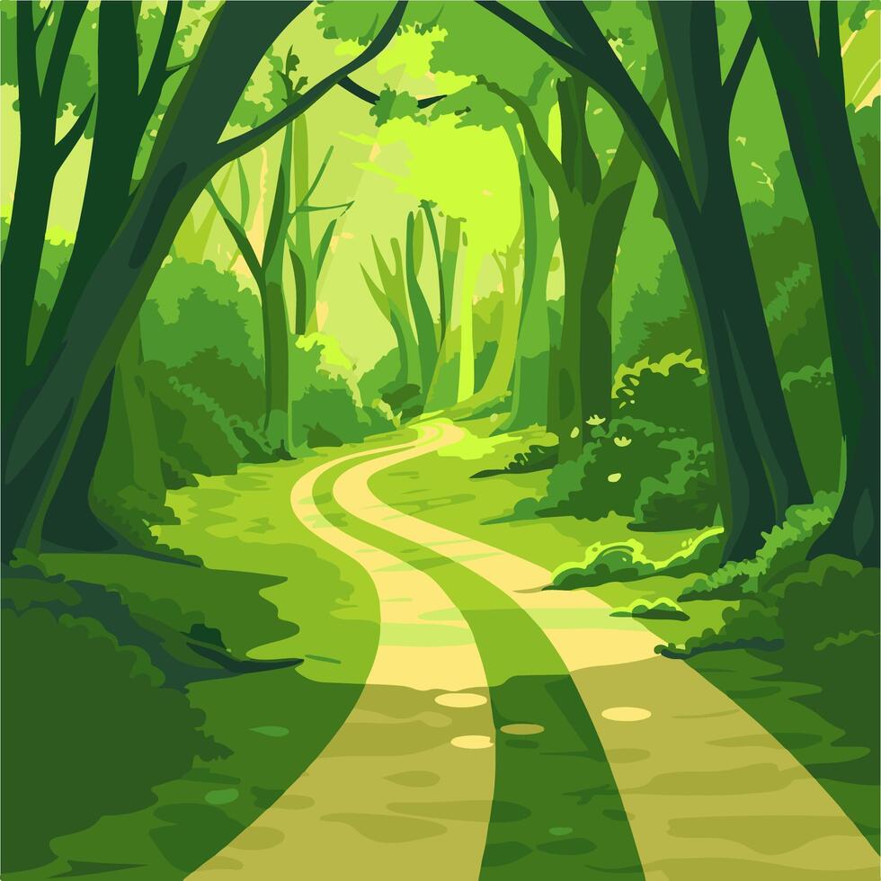 sunlit path through a green forest vector