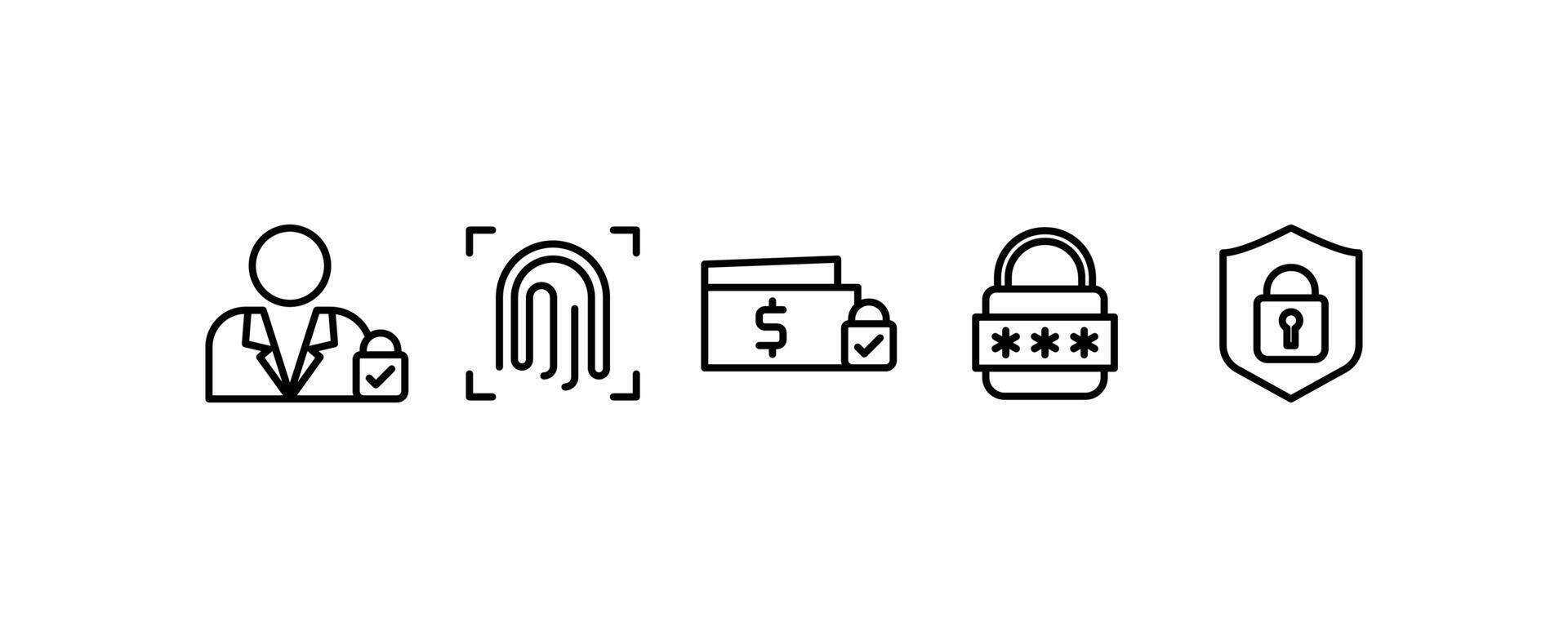 set of 5 line Cyber security icons as user access, fingerprint, secure payment. isolated on white editable background. vector