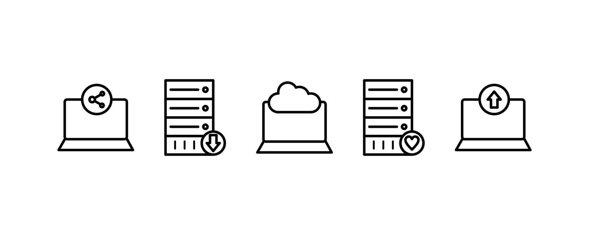A set of 5 icons, Internet as sharing data, download server, cloud laptop in editable outline style, isolated on white background. vector