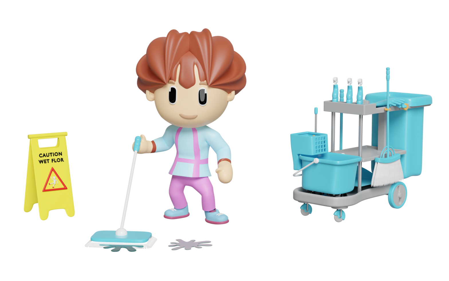 3d housekeeper or cleaning staff is wiping and mopping the wet floor with cleaning cart, caution slippery sign isolated. cleaning tool equipment, 3d illustration render png