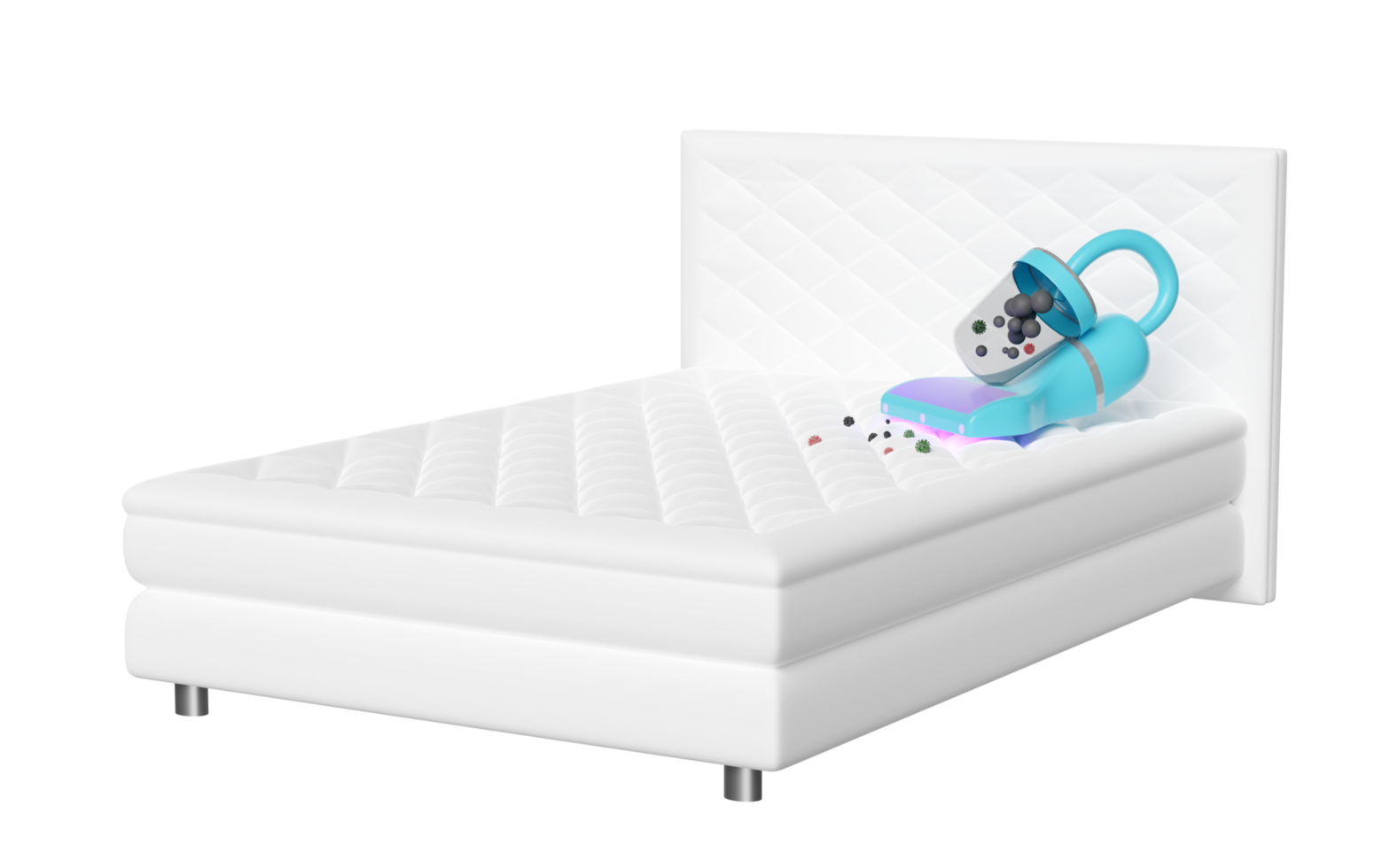 3d electrical vacuum cleaner on bed isolated. sucking up dirt and killing germs, get rid of dust mites concept, 3d illustration render png