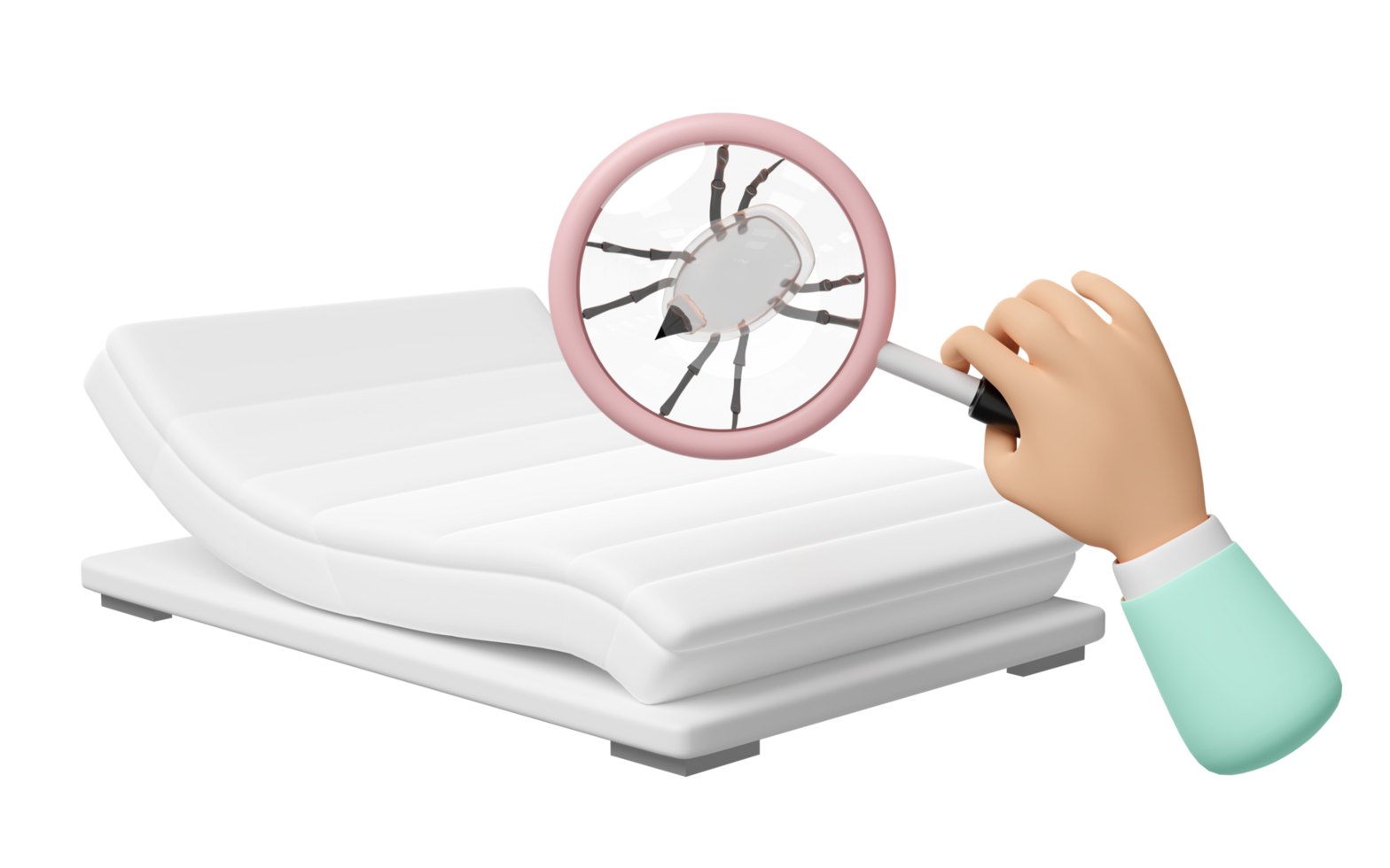 3d hand holding magnifying glass with dust mites isolated. 3d illustration render png