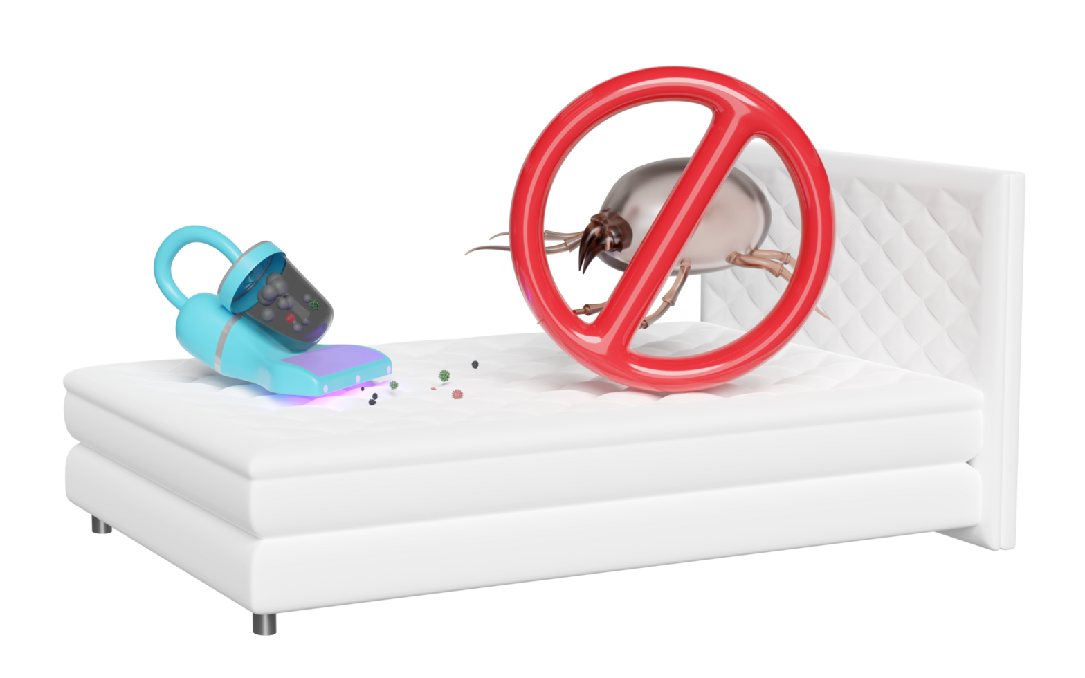 3d vacuum cleaner on bed with dust mites, warning sign isolated. concept of cleaning dust mites, bacteria, germs with ultraviolet light, 3d illustration render png