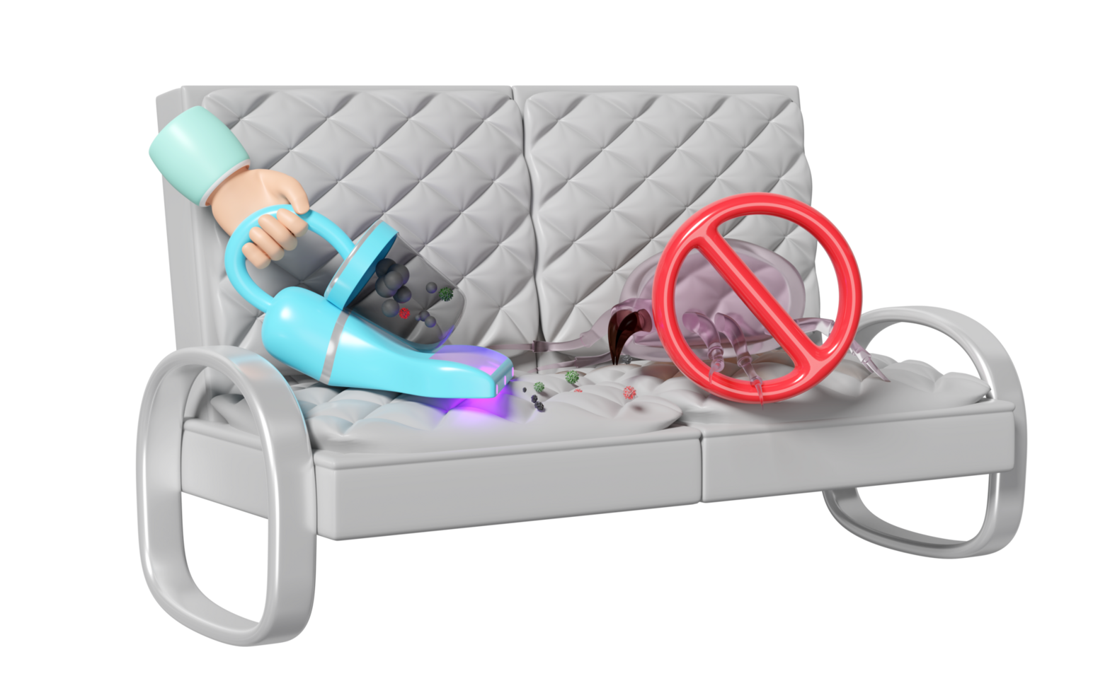 3d hand holding vacuum cleaner on sofa with warning sign isolated. concept of cleaning dust mites, bacteria, germs with ultraviolet light, 3d illustration render png