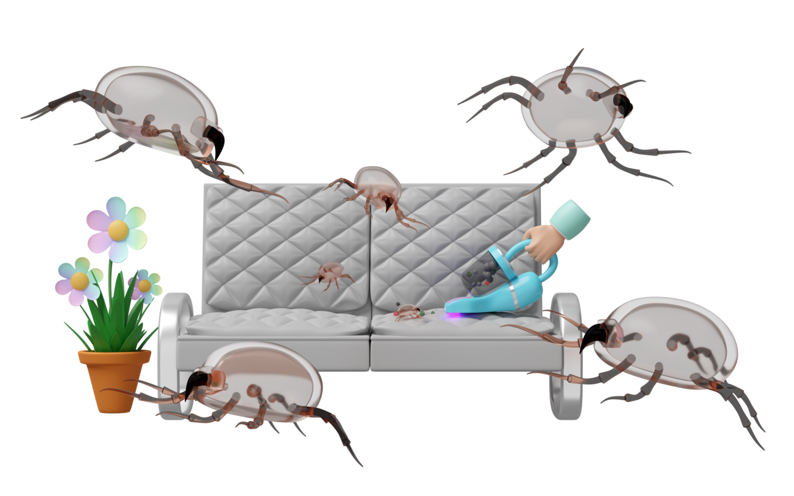 3d hand holding vacuum cleaner on sofa isolated. concept of cleaning dust mites, bacteria, germs with ultraviolet light, 3d illustration render png