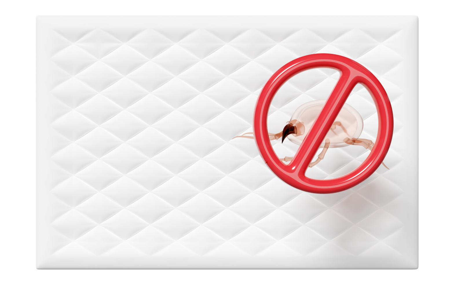 3d bed with dust mites, warning sign isolated. concept of cleaning dust mites, bacteria, germs, 3d illustration render png