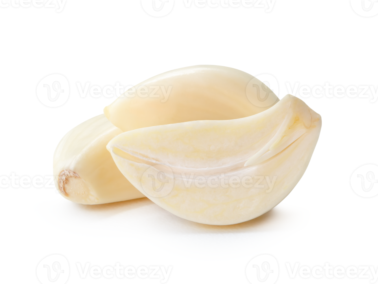 Front view of peeled white garlic cloves with half in stack isolated with clipping path and shadow in file format png
