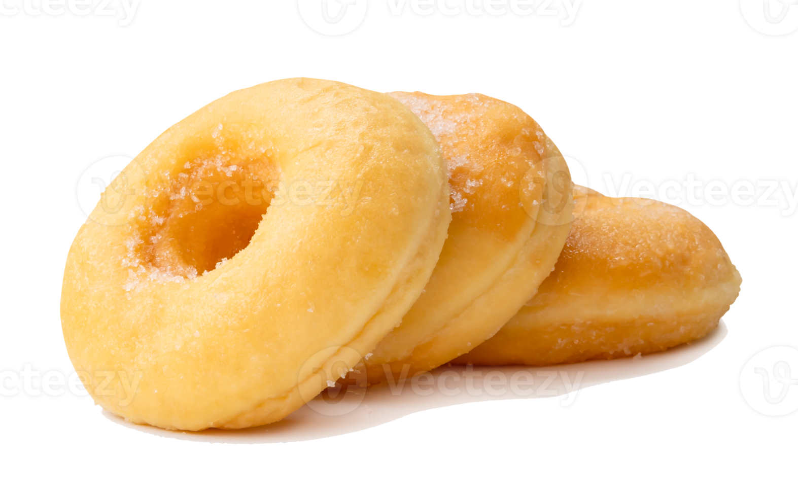 Side view of glazed sugar brown cinnamon donuts in stack isolated with clipping path and shadow in file format png