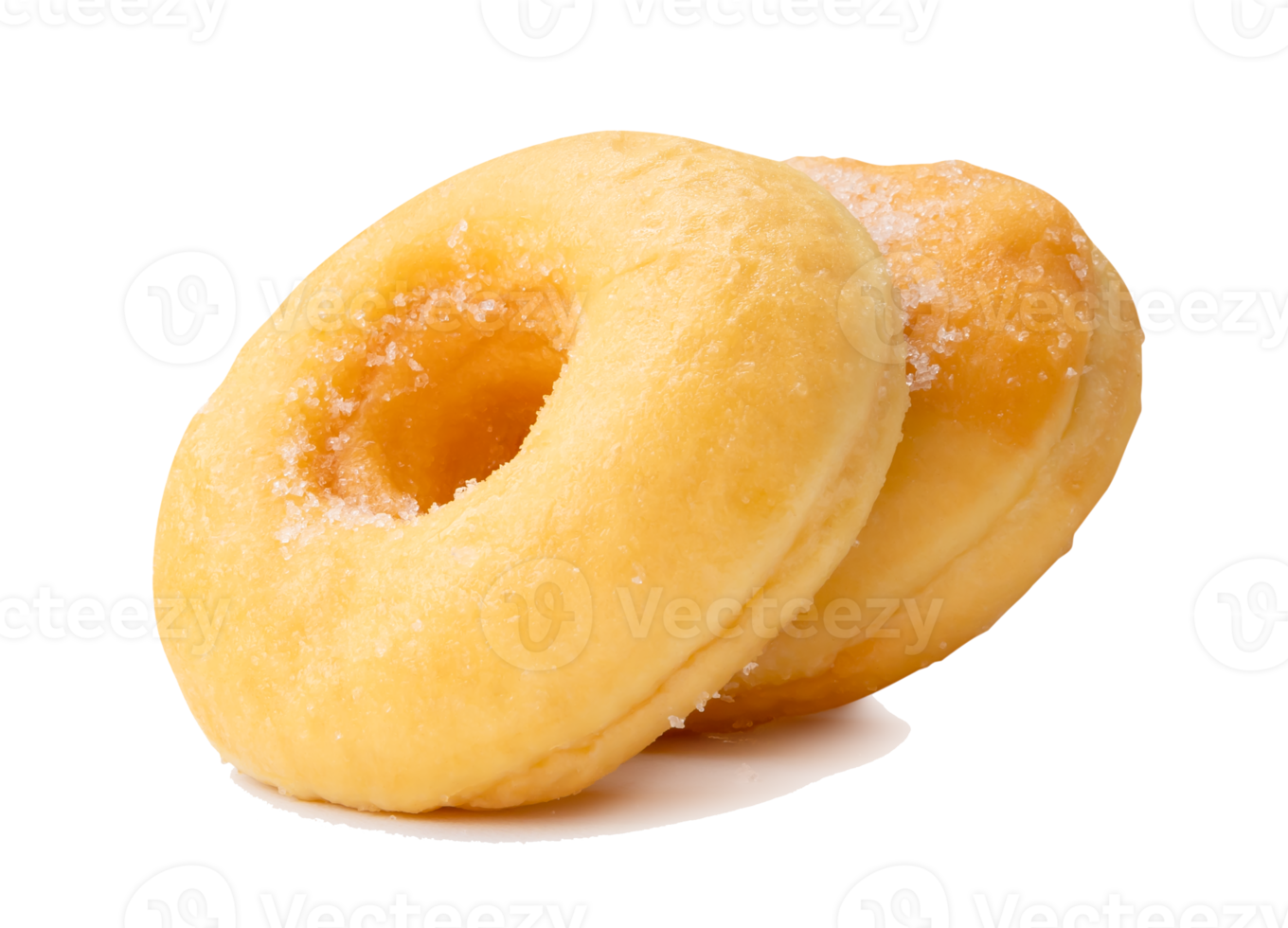 Side view of glazed sugar brown cinnamon donuts in stack isolated with clipping path and shadow in file format png