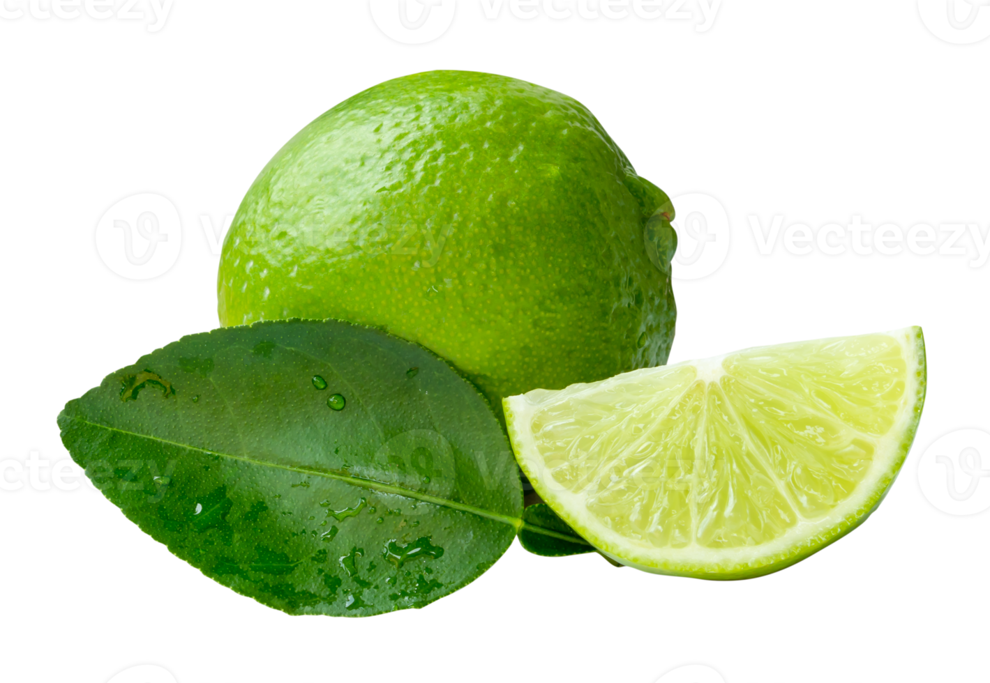 Front view of green lemon fruit with slice or quarter and green leaf in stack isolated with clipping path in file format png