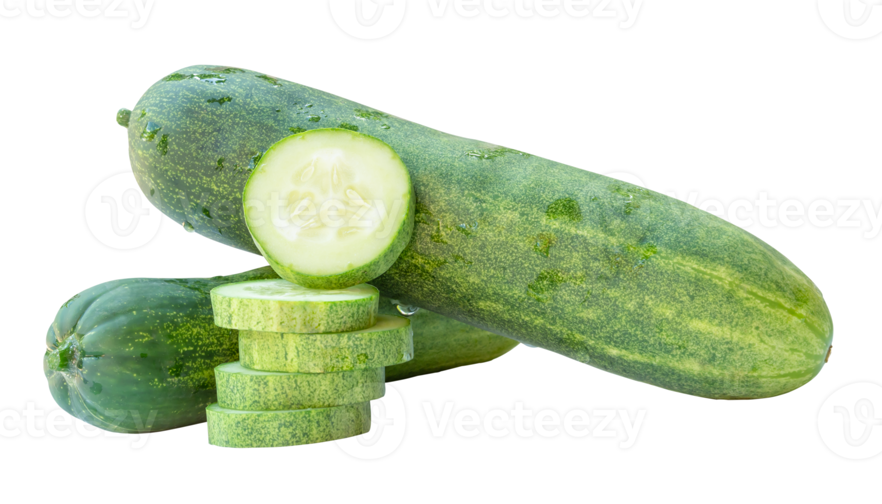 Side view and front view of green cucumbers with slices or pieces in circle shape in stack isolated with clipping path in file format png