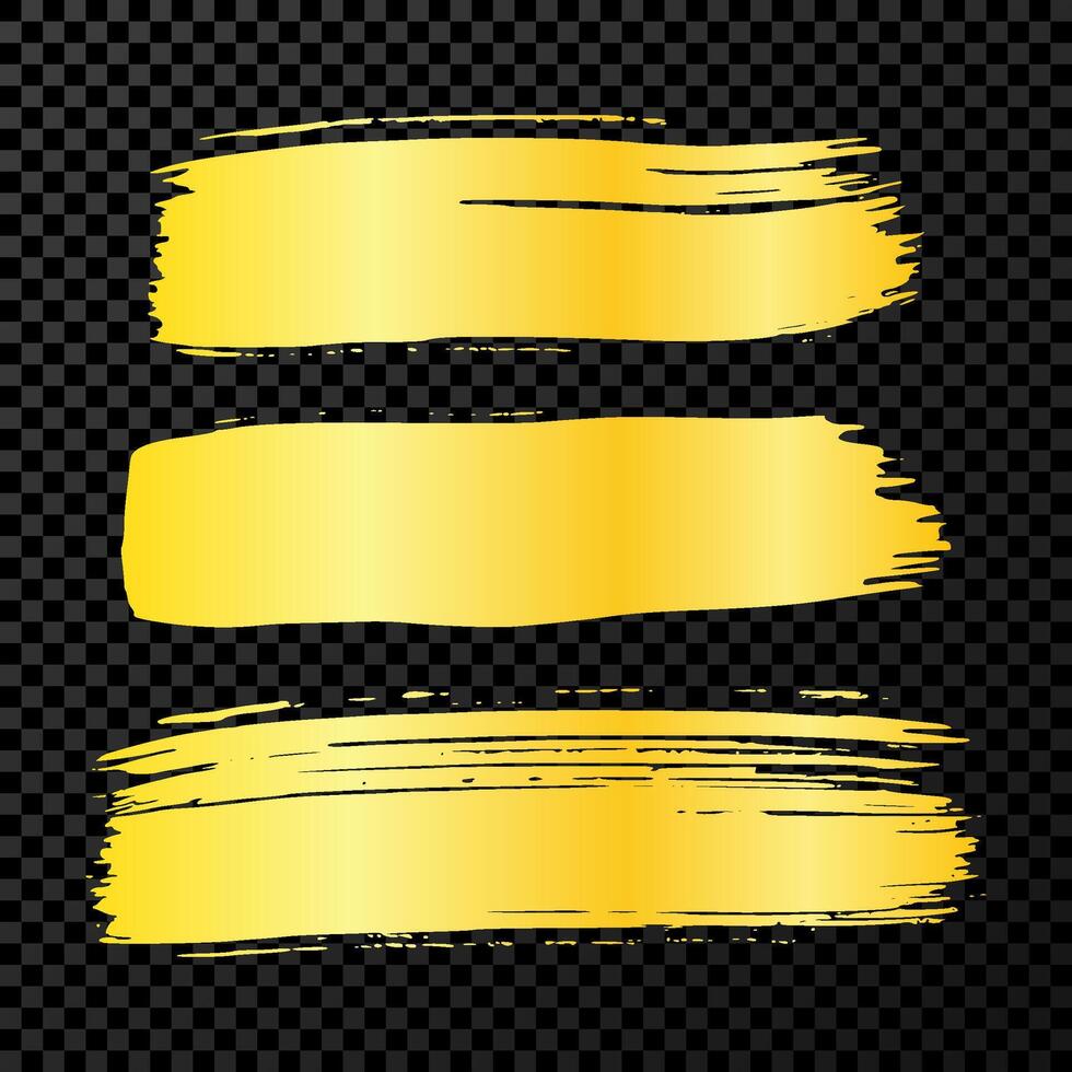 Set of three gold brush strokes. Hand drawn ink spots isolated on dark background. illustration vector