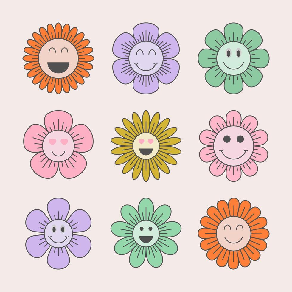 Groovy cute and smiling flower collection vector