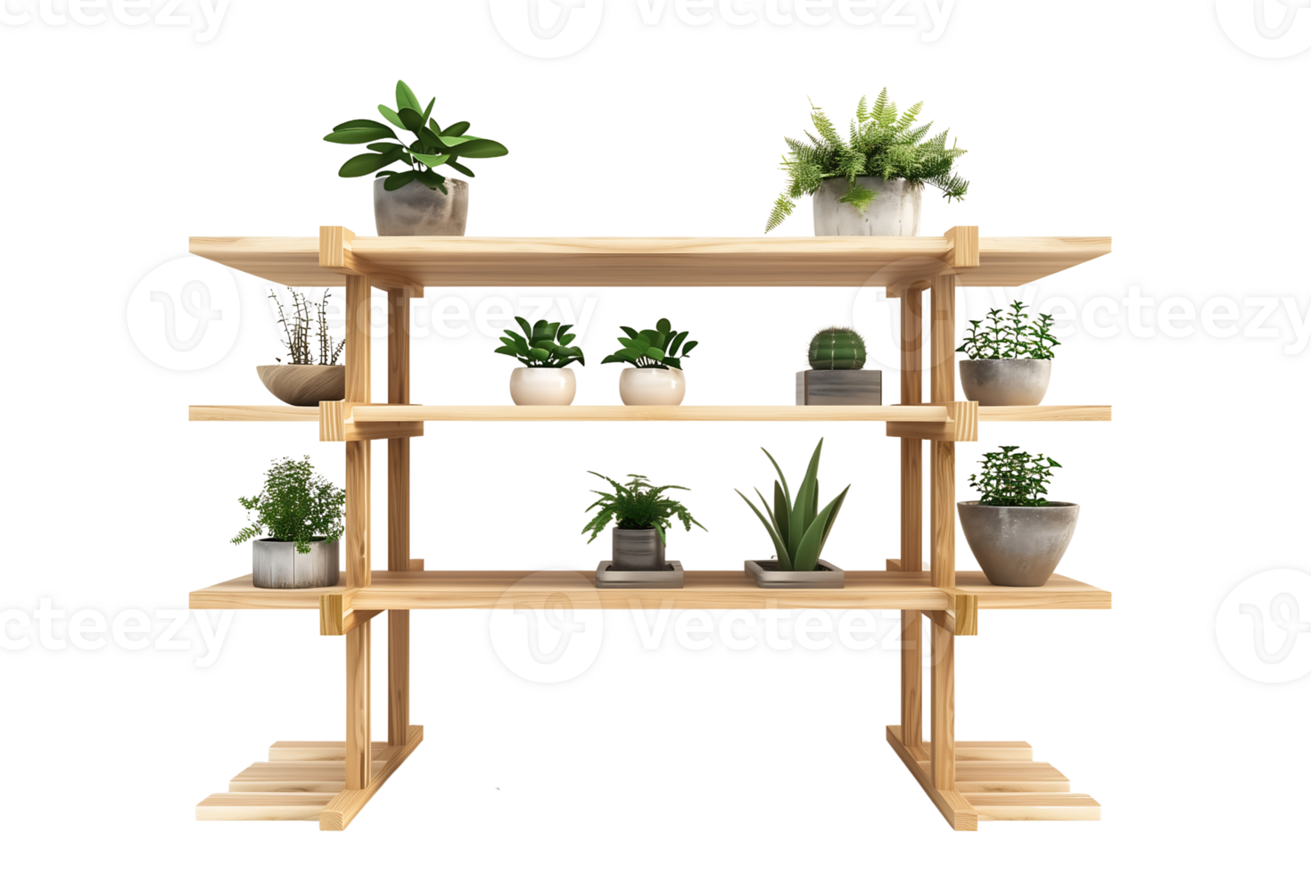 wooden shelf unit with three tiers displays a collection of potted plants isolated on transparent background png