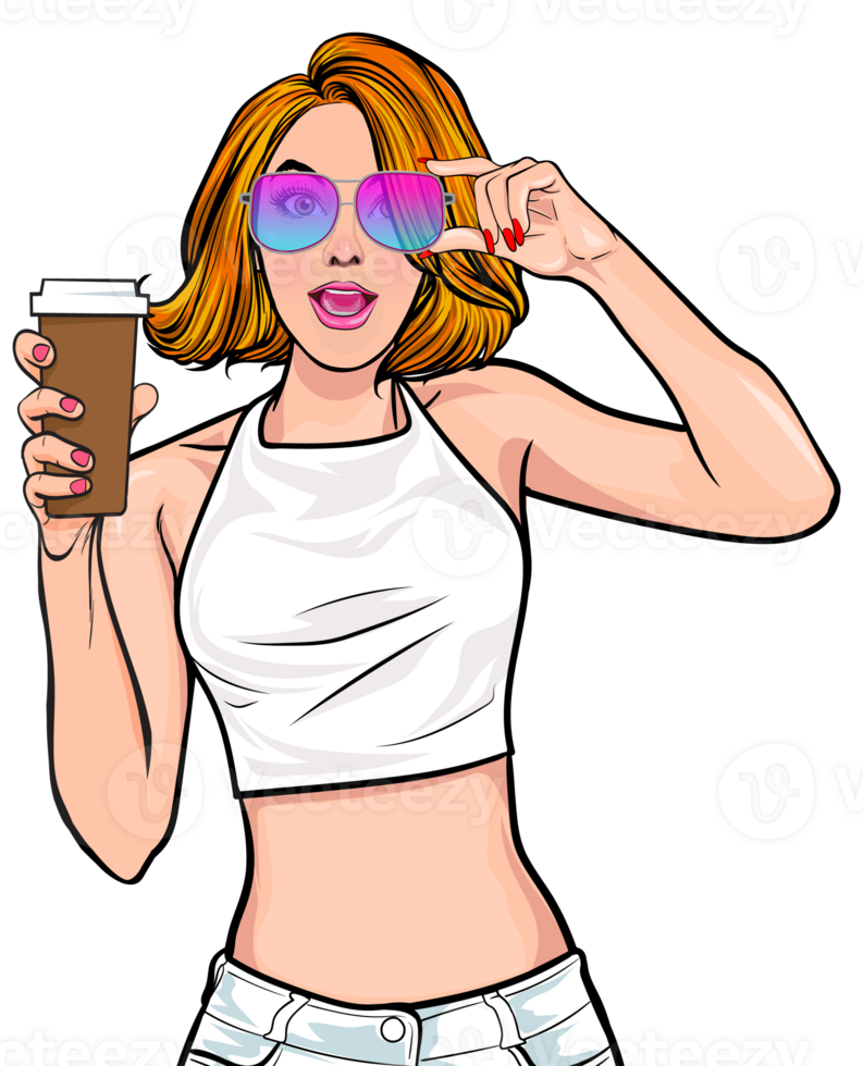 pop art comics cartoon expression character with cup of coffee,beverage png